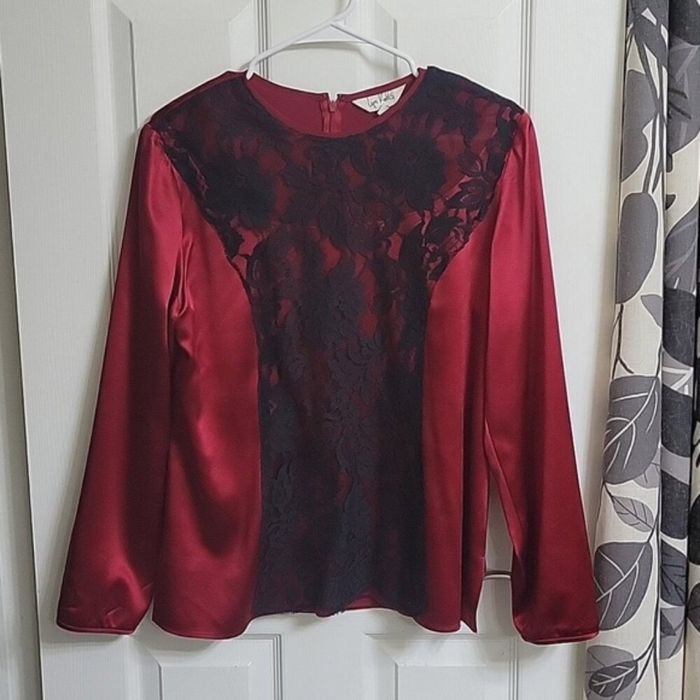 Vintage 100% Silk Bright Red Black Lace Zip Up Blouse
